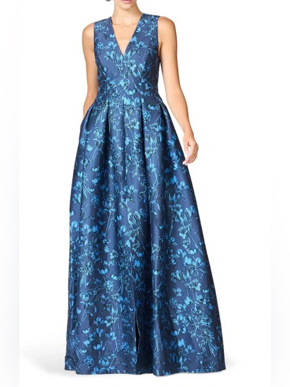 new Sachin and Babi Brooke Floral Sleeveless Empire Waist Mikado Gown dark blue